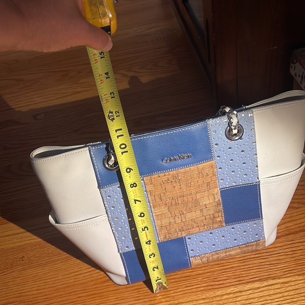 Calvin Klein Saffiano Leather White Blue Cork Patchwork Tote Handbag